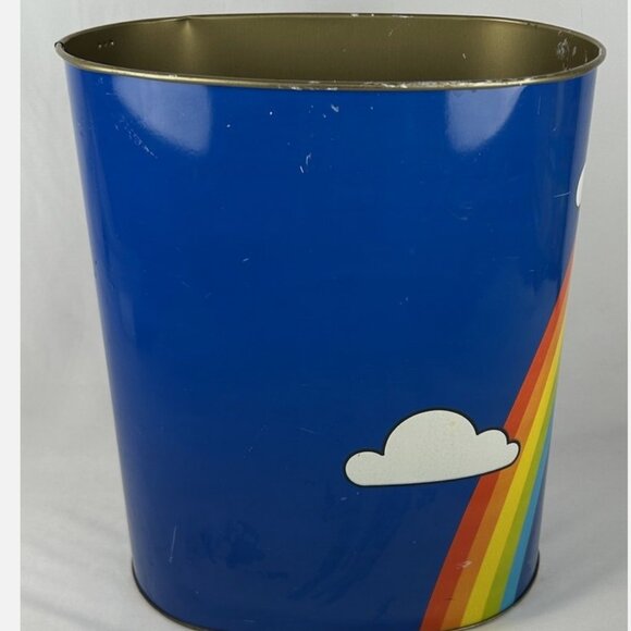 Vintage 70s 80s Cheinco Blue Rainbow Metal Tin Trash Can Wastebasket Retro - Picture 4 of 7